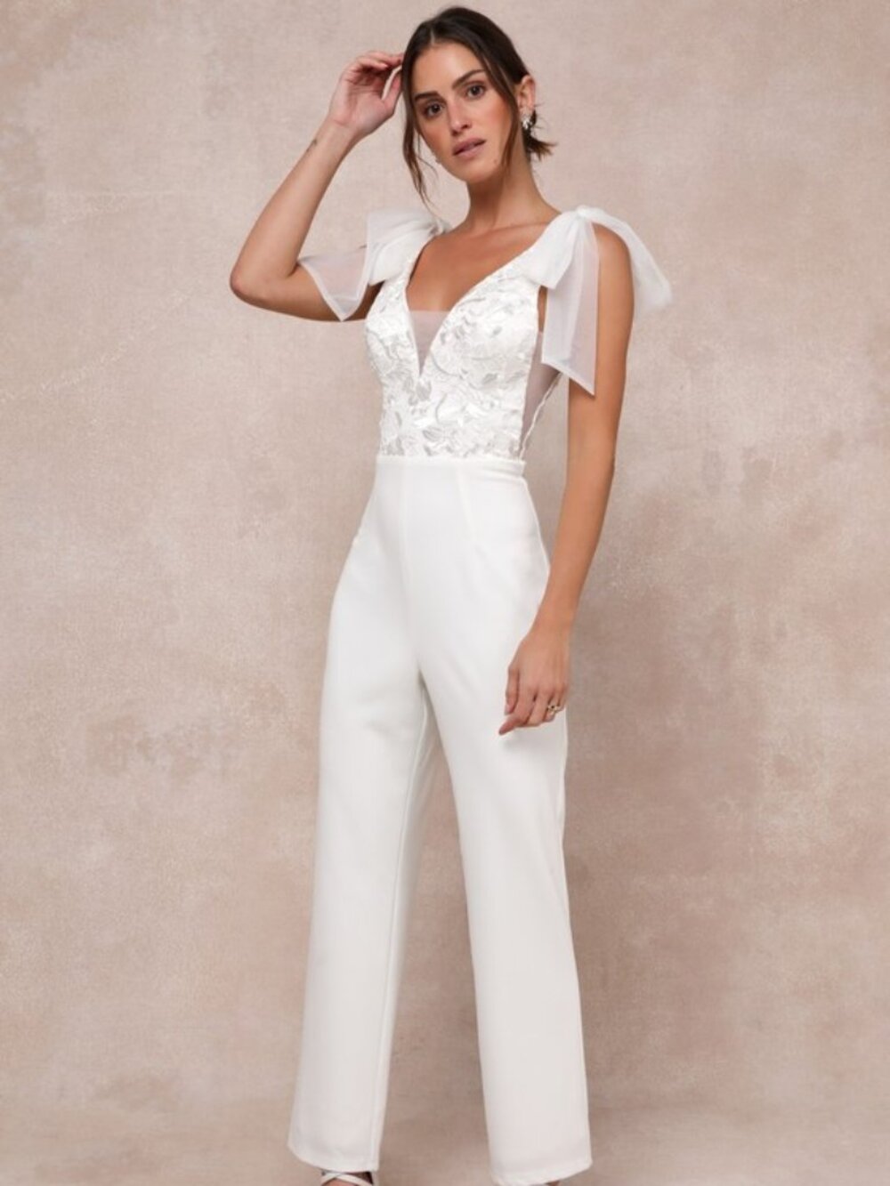 Lulus Dignified Beauty White Mesh Embroidered Tie-strap Jumpsuit - Size M